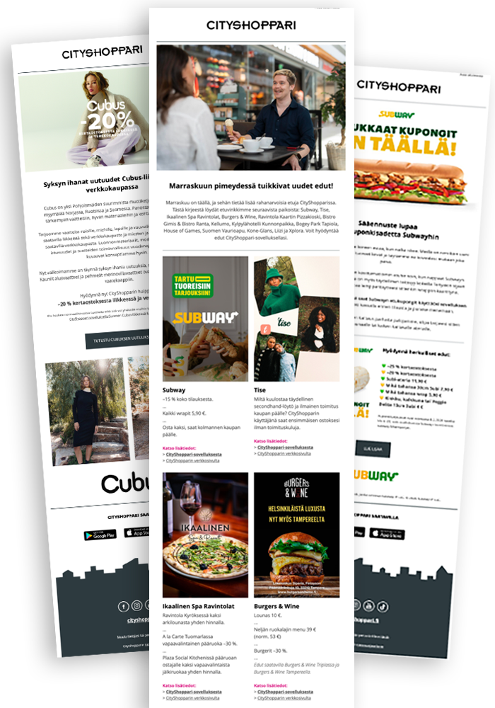 CityShopparin marraskuun koostekirje sekä Cubuksen ja Subwayn uutiskirjeet